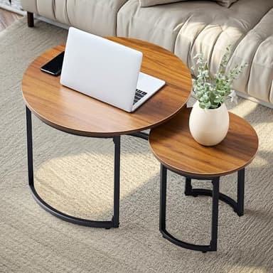 VECELO Nesting Coffee Table Set of 2, Wood Round Side Tables with Adjustable Non-Slip Feet, for Living Room, Brown - Image 1