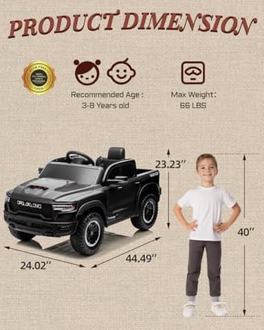 First Ride On 12V Licensed Ram 1500 Ride on Toy for Kids, Toddler Ride on Pickup Truck with Parent Remote Control, Electric Car for Kids with Truck Bed Storage, 3 Point Safety Belt (Black) - Image 7