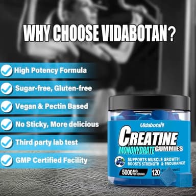 vidabotan Sugar Free Creatine Monohydrate Gummies for Men & Women-5g of Creatine Monohydrate per Serving- with L-Taurine, Alpha GPC, Betaine Anhydrous, Natural Blueberry Flavor, 120 Count - Image 5