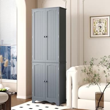 Function Home Tall Pantry Cabinet, Freestanding Storage Cabinet, Wooden Kitchen Pantry with 4 Doors and 5 Shelves, 72" Floor Cabinet Organizer for Kitchen Living Room Bathroom, Grey - Image 2