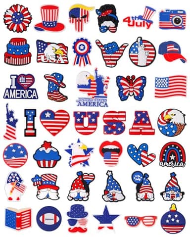 QAUYETM 42PCS Patriotic Shoe Charms for Clogs and Sandals Include American Flag Letters and Fun Designs Red White Blue PVC Accessories for Kids Teens Adults 4th of July Independence Day Party Favors - Image 1