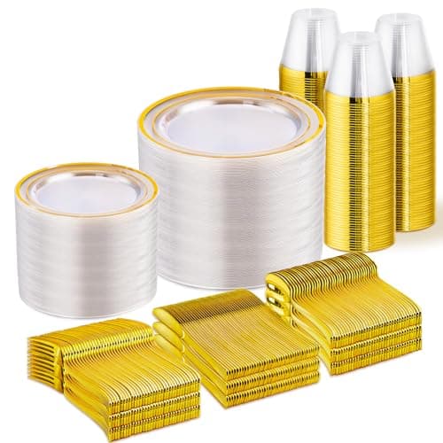 WELLIFE 600 PCS Clear Gold Disposable Dinnerware Set for 100 Guests, Clear and Gold Plastic Plates, Gold rimmed Plastic Dinner & Salad Plates,Cups,Silverware Set for Wedding - Image 1