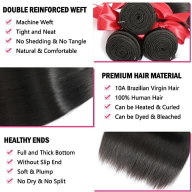 10A Human Hair Bundles 20 22 24 Inch Brazilian Straight Hair 3 Bundles 100% Unprocessed Virgin Raw Remy Human Hair Weave Natural Black - Image 3