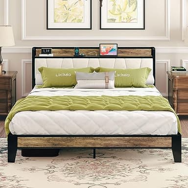 LIKIMIO Full Size Bed Frame, Storage Headboard with Charging Station, Solid and Stable, Noise Free, No Box Spring Needed, Easy Assembly (Walnut and Beige) - Image 3