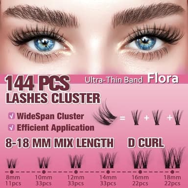 Flora Lash Clusters 8-18mm Light-Volume Wispy Eyelash Clusters D Curl - WideSpan DIY Eyelash Extension Spiky Cat Eye Lashes Individual Fake Eyelashes Clusters with 0.05mm Ultra-Thin Black Band - Image 2