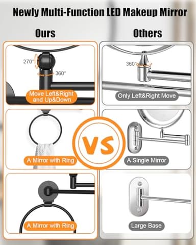 TOLOYE Height Adjustable Wall Mounted Makeup Mirror, Rechargeable Lighted Makeup Mirror 8 Inch Double Sided 1X/10X Magnifying Vanity Mirror with 3 Color Lights Dimmable 360 Swivel Extendable Arm - Image 6