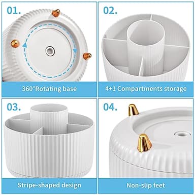 Marbrasse Desk Organizer, 360-Degree Rotating Pen Holder, Desk Organizers and Accessories with 5 Compartments Pencil Holder, Art Supply Storage Box Caddy for Office, Home（White） - Image 4