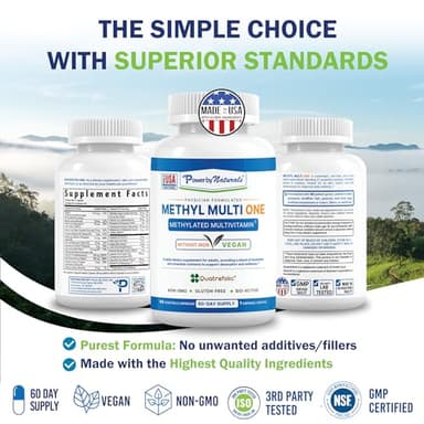Power By Naturals Methyl Multi One - Iron-Free Methylated Multivitamin with Quatrefolic 5-MTHF, Active B12, P5P, CoQ10 & Zinc for MTHFR Support - Energy & Focus Formula - 60 Capsules (2-Month Supply) - Image 9