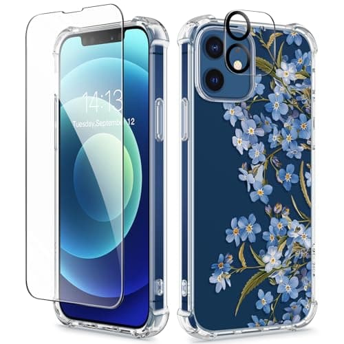 GVIEWIN for iPhone 12 Case and iPhone 12 Pro Case with Screen Protector + Camera Lens Protector, Clear Floral Flexible TPU Shockproof Women Girls Flower Phone Case 6.1"(Aconite/Blue) - Image 1