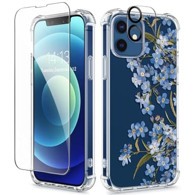 GVIEWIN for iPhone 12 Case and iPhone 12 Pro Case with Screen Protector + Camera Lens Protector, Clear Floral Flexible TPU Shockproof Women Girls Flower Phone Case 6.1"(Aconite/Blue) - Image 1