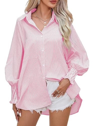 HOTEVE Striped Button Down Shirt Women Womens Tops Smocked Shirts Cuffed Boyfriend Pink Fashion Trendy Oversized Long Sleeve Pink 31 Size 3XL - Image 2