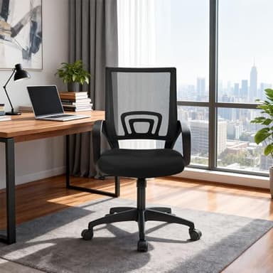 BestOffice | Ergonomic Office Chair | Mid-Back Swivel Desk Chair | Breathable Backrest & Lumbar Support | Adjustable Height | Sponge Seat | Rolling Wheels | Dark Black | for Adults & Women - Image 2