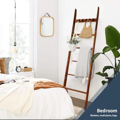 Wooden Blanket Ladder with Removable Hooks, 6-Tier 5.66 Ft (68 Inch) Rustic Blanket Rack, Blanket Ladders for Living Room & Bedroom, Easy Assembly, Perfect for Displaying Blankets & Scarves, Brown - Image 3
