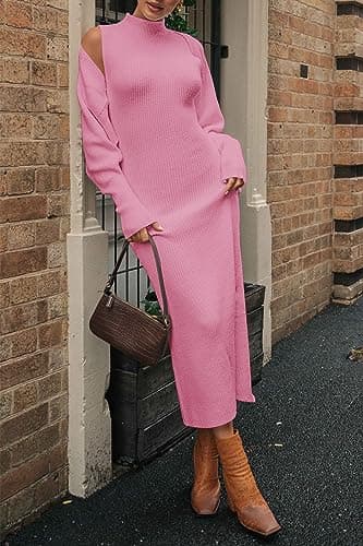 PRETTYGARDEN Women's Fall 2 Piece Outfits Knit Long Sleeve Cropped Cardigan Pullover Sweater Maxi Dress Sets Winter Clothing (Pink,X-Large) - Image 5