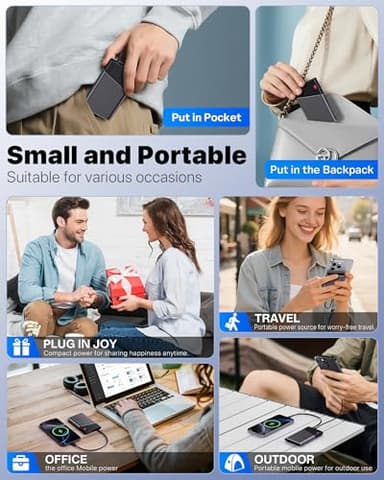 Aaoyun Portable Charger Power Bank, 10000mAh 22.5W PD Super Fast Charging Powerbank with Built-in USB C in&Out Cable, Slim External Phone Battery Pack for iPhone 17/16 Samsung S24 etc (Grey) - Image 8