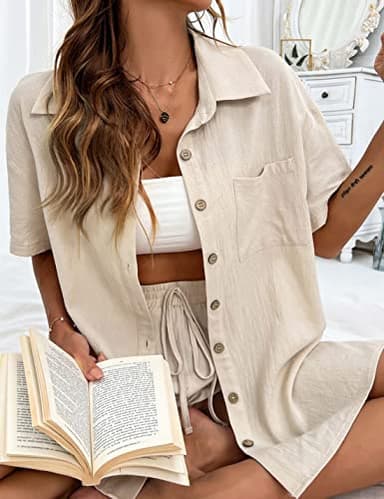 APAFES Women Summer Cotton Linen Short Sets 2 Piece Shorts Top Lounge Beach Vacation Two Piece Outfits Tracksuits(762-Apricot-M) - Image 8