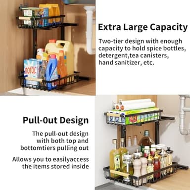 SILUB Under Sink Organizer,2 Pack Kitchen Organizers and Storage Adjustable Height 2 Tier Sliding L-Shape Cabinet Organizers Meatal,Under Bathroom Sink Organizer with Anti Slip Wooden Handle - Image 3