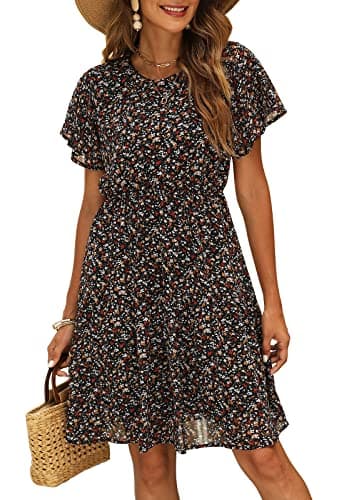 Manydress Women's Chiffon Floral Casual Summer Boho Flutter Sleeve Flowy Skater Western Dress MY112 (Black Print, M) - Image 1