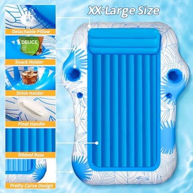 Inflatable Pool Lounger Float for Adults - 70" x 60" JIANYHW X-Large Beach Sun Tan Tub Pool Lounge Raft Sunbathing Pool Floaties with 2 Food/Drink Holder, Blow Up Tanning Pool Bed Floating Mat - Image 2