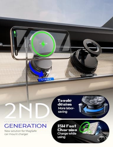 LISEN 15W Magsafe Car Mount Charger，[Lever Lock] Suction Cup Phone Holder, [More Portable＆Flexible] 360° Vacuum Magnetic Car Phone Holder Charger Wireless for iPhone 17 Pro Max Air 16 15 14 13 12 - Image 2