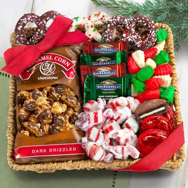 A Gift Inside Holiday Classic Chocolate, Candy & Crunch Gift Basket With Handmade Chocolates, Ghirardelli, Caramel Corn for Gourmet Christmas Food Gift - Image 3