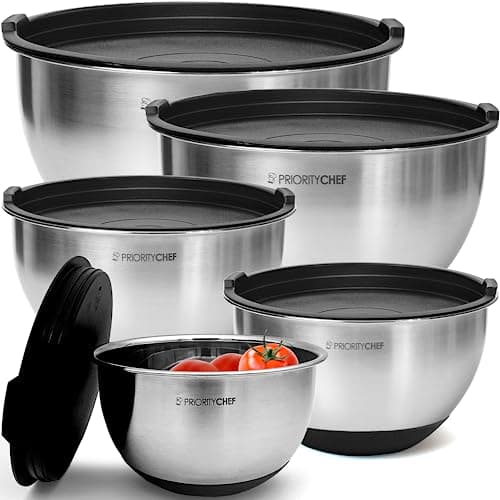 Priority Chef Premium Mixing Bowls With Lids Set, Airtight Lids, Thicker Stainless Steel Mixing Bowl Set, Large Prep Metal Bowls, Nesting Bowls for Kitchen, 1.5/2/3/4/5 Qrt, Black - Image 1
