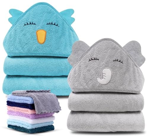 Cute Castle 2 Pack Hooded Baby Towel Rayon Made from Bamboo and 8 Washcloths - Lovely Elephant, Happy Bird - Image 1