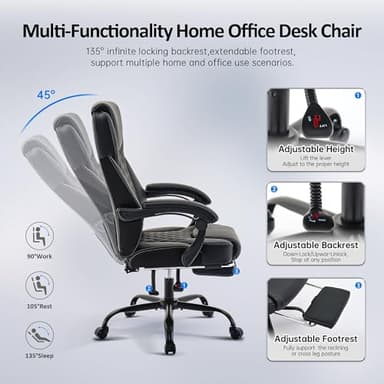 amseatec Office Chair, Big and Tall Office Chair with Foot Rest Ergonomic Chair for Home Desk, Reclining High Back Leather Chairs with Lumbar Support(Black) - Image 5