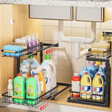 Delamu 2 Pack Under Sink Organizer and Storage, 2 Tier Pull Out Cabinet Organizer, Slide Out Under Sink Storage Shelf, Undersink Organizers Shelves for Kitchen Bathroom Pantry Organization - Image 2