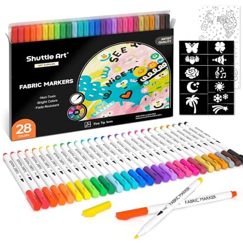 Shuttle Art 28 Colors Fabric Markers, Shirt Permanent Markers for Clothes Sneakers Jeans with 11 Stencils 1 Fabric Sheet, Fabric Pens for Kids Adult Painting Writing - Image 1