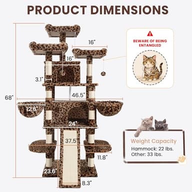 SHA CERLIN 68 Inches Multi-Level Large Cat Tree for Large Kitties/Big Cat Tower with Condo/Cozy Plush ‌Pussycat Perches/Sisal Scratching Posts and Hammocks/Activity Center/Leopard Print - Image 6