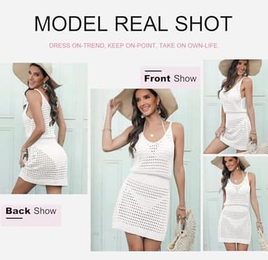 Dokotoo Sexy Swim Cover Up for Women 2025 Summer Fashion Scoop Neck Sleeveless Crochet Hollow Out Knit Mesh Spaghetti Straps Swimsuit Bikini Beach Dress Cruise Essentials Outfits All White Medium - Image 5