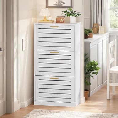 VECELO Shoe Cabinet Storage for Entryway with 3 Flip Drawers Slim Hidden Free Standing Organizer for Narrow Hallway, Bedroom, Living Room, Large Capacity, Modern, White, 3-Shelf - Image 3