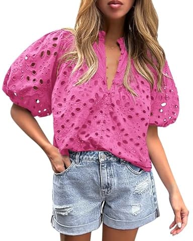 PRETTYGARDEN Women's Summer Tops 2025 Dressy Casual Short Sleeve V Neck Buttons Hollow Out Lace Embroidered Blouses Shirts (Rose Pink,Small) - Image 1