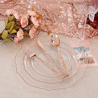 Liacere 150PCS Rose Gold Plastic Plates - Clear Rose Gold Disposable Plates with Glitter Bamboo Handle Cutlery - 60 Baroque Elegant Plates, 30 Forks, 30 Spoons, 30 Knives for Thanksging day&Chrismas - Image 2