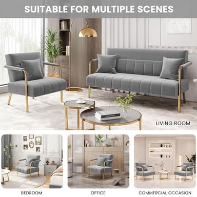 Yaheetech 30" W Modern Sofa Small Sofa Luxurious Velvet Fabric Couch with Gold-Tone Metal Arms and Legs for Living Room, Home Office, Studio Light Gray - Image 6