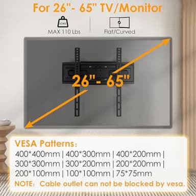 SweeEase 6 Arms TV Wall Mount for 26-65 inch, Full Motion Up Down Swivel Tilt Level Retractable TV Bracket for Flat Curved Max 110 lbs Max VESA 400x400mm, 8"-16" Wood Stud Articulating Wall Mount - Image 2