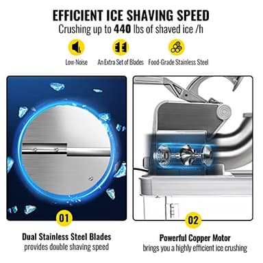 VEVOR 110V Commercial Ice Crusher 661LBS/H, ETL Approved 300W Electric Snow Cone Machine with Dual Blades, Stainless Steel Shaved Ice Machine with Safety On/Off Switch for Family, Restaurants, Bars - Image 3