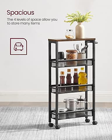 VASAGLE Slim Rolling Cart, 4-Tier Narrow Storage Cart with Handle, 5.1 Inches Deep, Metal Frame, for Kitchen, Dining Room, Living Room, Home Office, Rustic Brown and Classic Black ULRC032B01V1 - Image 5