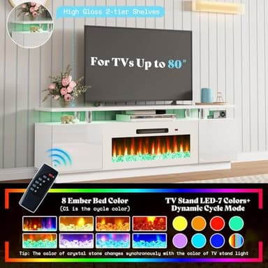 AMERLIFE Fireplace TV Stand with 36" Fireplace, 70" Modern High Gloss Fireplace Entertainment Center LED Lights, 2 Tier TV Console Cabinet for TVs Up to 80", White & White - Image 4