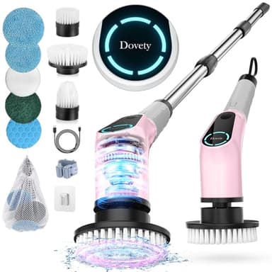 Electric Spin Scrubber, Cordless Cleaning Brush, Shower Scrubber with 8 Replaceable Brush Head, Power Cleaning Brush with Extension Handle, 2 Adjustable Speed, for Bathtub Tile Floor (Pink) - Image 1