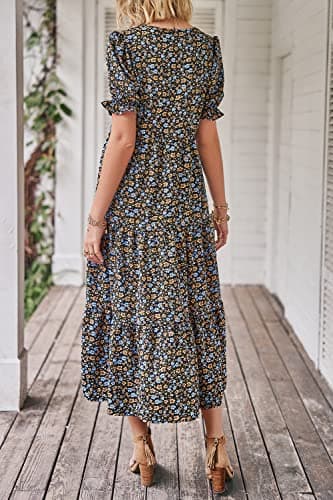 PRETTYGARDEN Summer Dresses for Women 2025 Casual Floral Boho Midi Sun Dress Puff Short Sleeve Flowy Beach Vacation Sundress (Navy Floral,X-Large) - Image 3