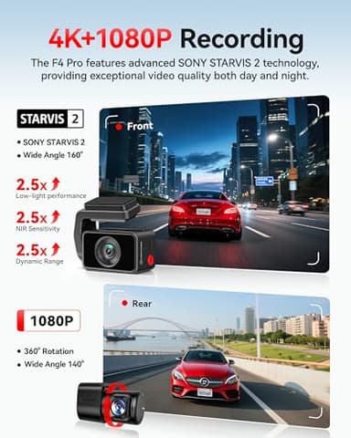 REDTIGER F4 Pro 4K Dash Cam Front and Rear, STARVIS 2 Sensor, 128GB Card Included, Built-in 5.8GHz WiFi6, 2.2inch Touch Screen Dash Camera for Cars, Voice Control, 24H Parking Mode - Image 3