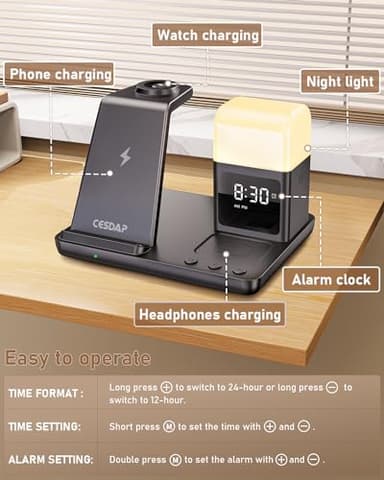 CESDAP 6 in 1 Wireless Charging Station for Apple Charging Station for Multiple Devices with Alarm Clock and Night Light nightstand for iPhone 16 15 14 13 for Apple Watch Best Gift for Your Loved Ones - Image 9