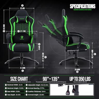 Dowinx Gaming Chair with Heated Massage Lumbar Support, Ergonomic Gaming Computer Chairs with Footrest and Pocket Spring Cushion, Big and Tall PC Gamer Chair for Adult, 330lbs, Green - Image 3