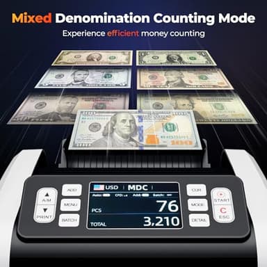 MUNBYN IMC09 Mixed Denomination Money Counter Machine, Value Counting, UV/MG/IR/MT Bill Counter, 3.5" TFT Display Money Counting Machine, USD, EUR, MXN, CAD Cash Counter for Business (White) - Image 3