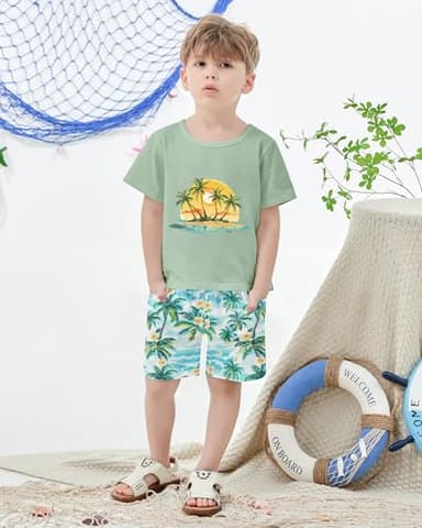 YUEMION Toddler Baby Boy Summer Outfit Baby Boy Clothes Short Sleeve T-Shirts Top + Shorts 2Pcs Boy Clothing Casual Set(Light green, 12-18 Months) - Image 4