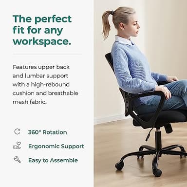 SMUG Office Computer Desk Chair, Ergonomic Mid-Back Mesh Rolling Work Swivel Task Chairs with Wheels, Comfortable Lumbar Support, Comfy Arms for Home, Bedroom, Study, Dorm, Student, Adults - Image 7