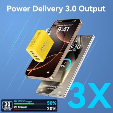 USB C Charger Block, 2-Pack 40W 4-Port Multiple Type C Fast Charging Phone Charger Brick +QC 3.0 USB A Wall Plug Out let Multiport Box Cube for Phone 15/14/13/12/11 Pro Max, Galaxy, Pixel, Yellow - Image 4