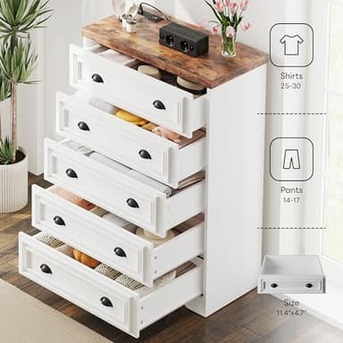 LIKIMIO 43" Tall 5 Drawers Dresser for Bedroom, Power Strip, Farmhouse Large Wood Dressers & Chest of Drawers with Wide Storage Cabinet, White - Image 6
